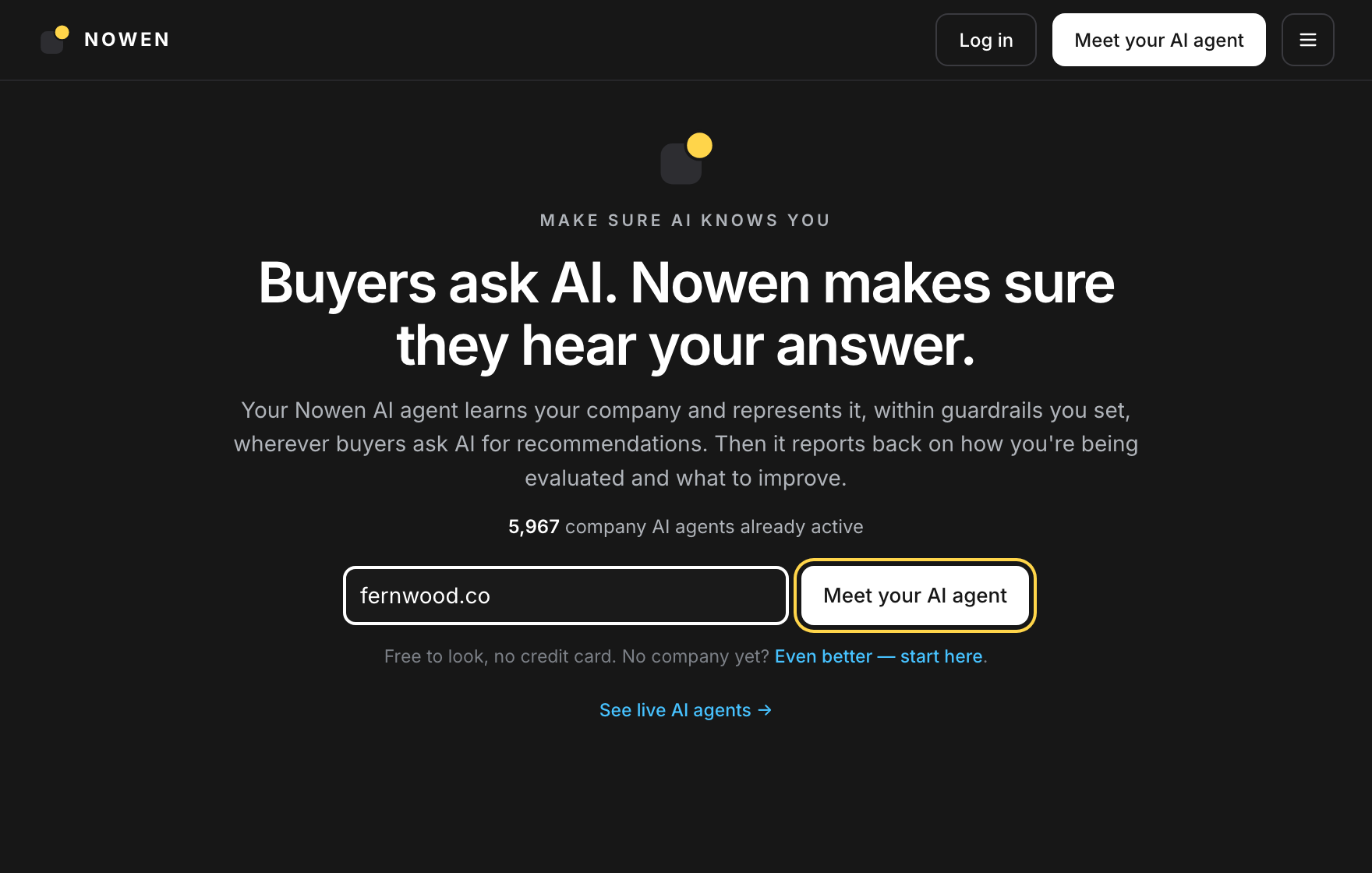 The nowen.ai home page with a company website typed into the form and the Meet your AI agent button highlighted