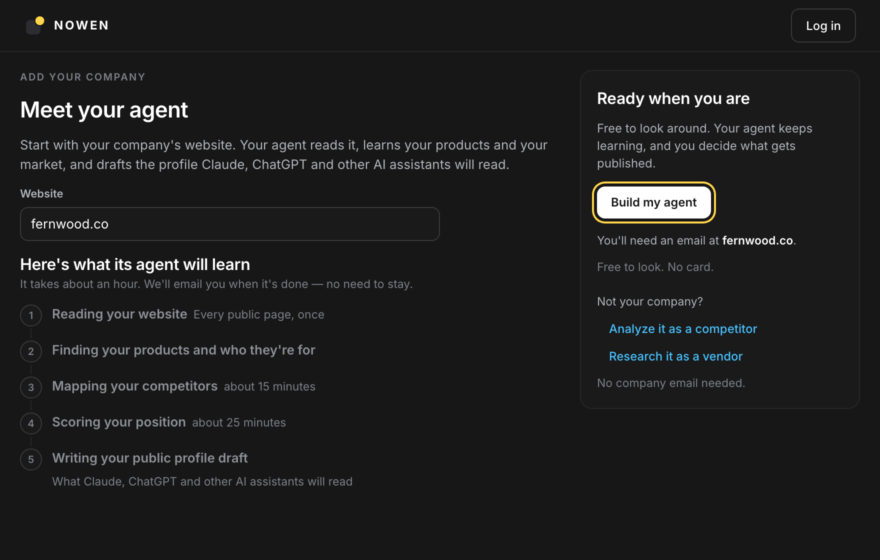 The Meet your agent page listing the five build phases, with the Build my agent button highlighted