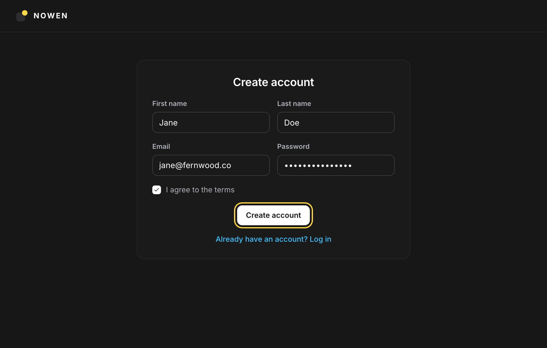 The Create account form with name, company email and password fields and the Create account button highlighted
