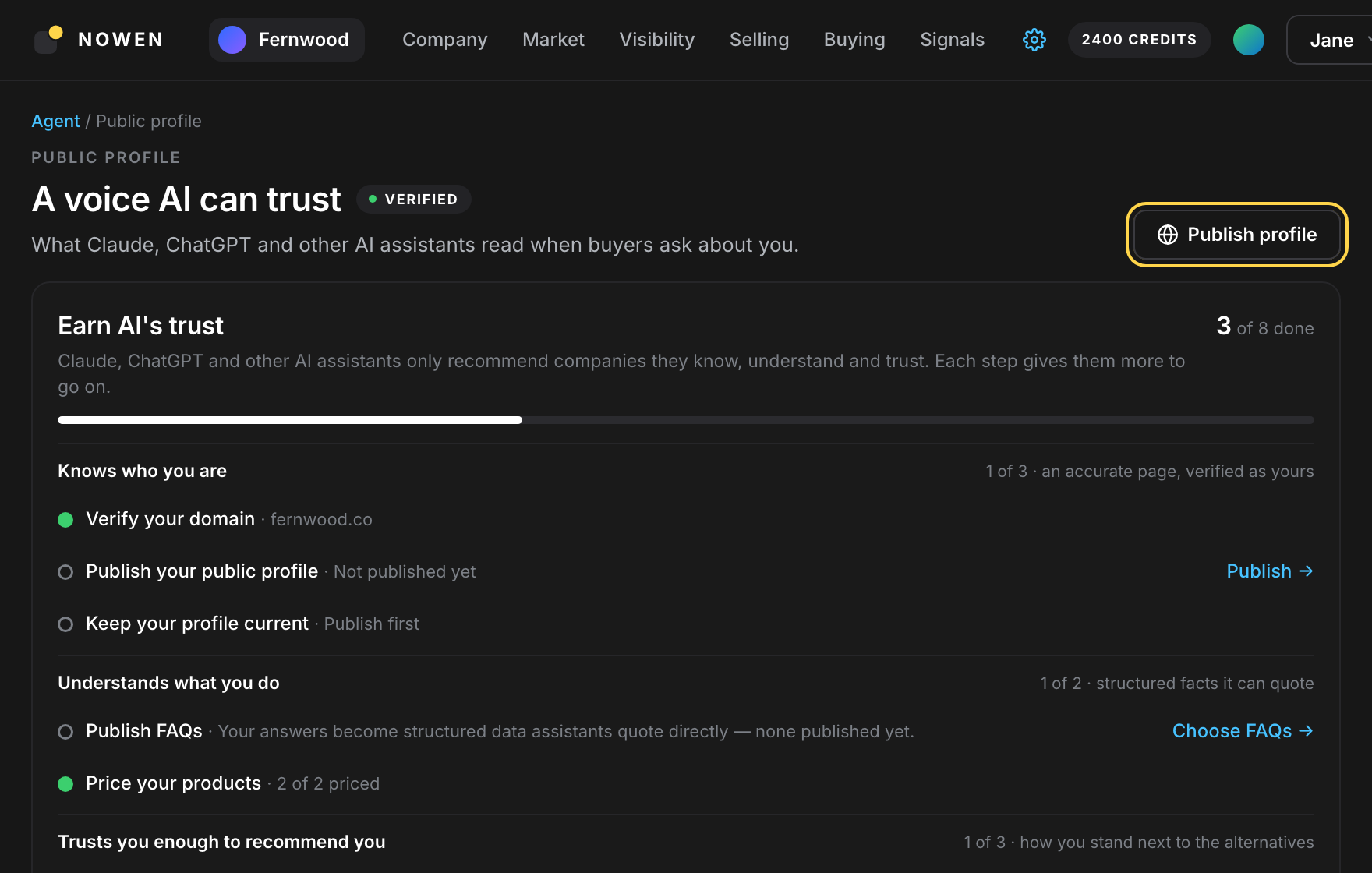 The Public profile page with the Earn AI’s trust checklist at 3 of 8 done and the Publish profile button highlighted