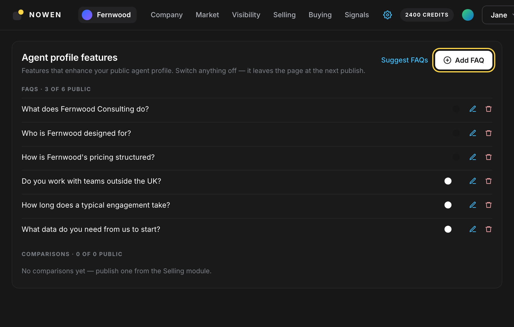 The Agent profile features section with six FAQs, three switched on to be public, and the Add FAQ button highlighted
