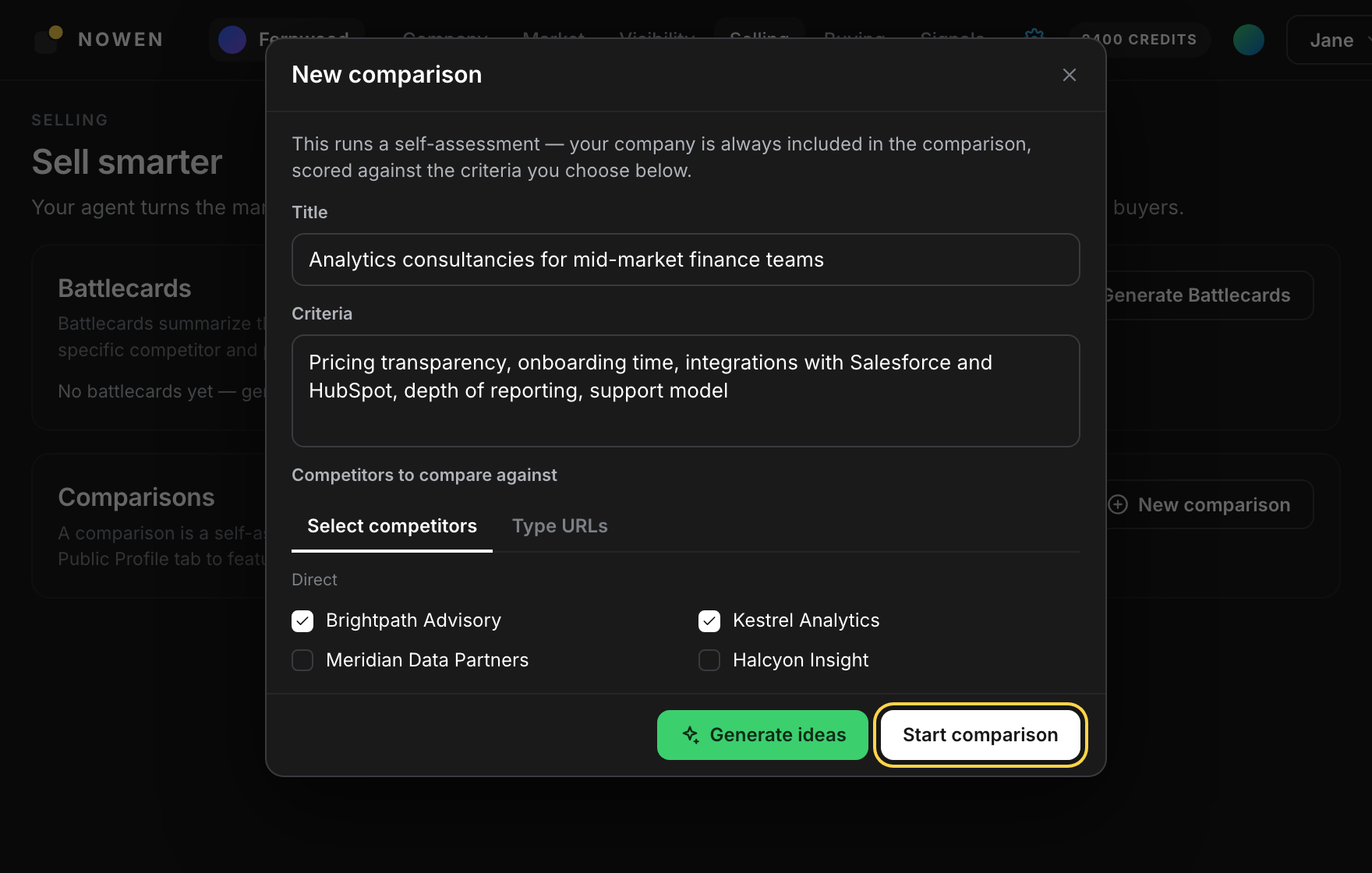 The New comparison dialog over the Selling page with a title, criteria and two competitors selected, and the Start comparison button highlighted