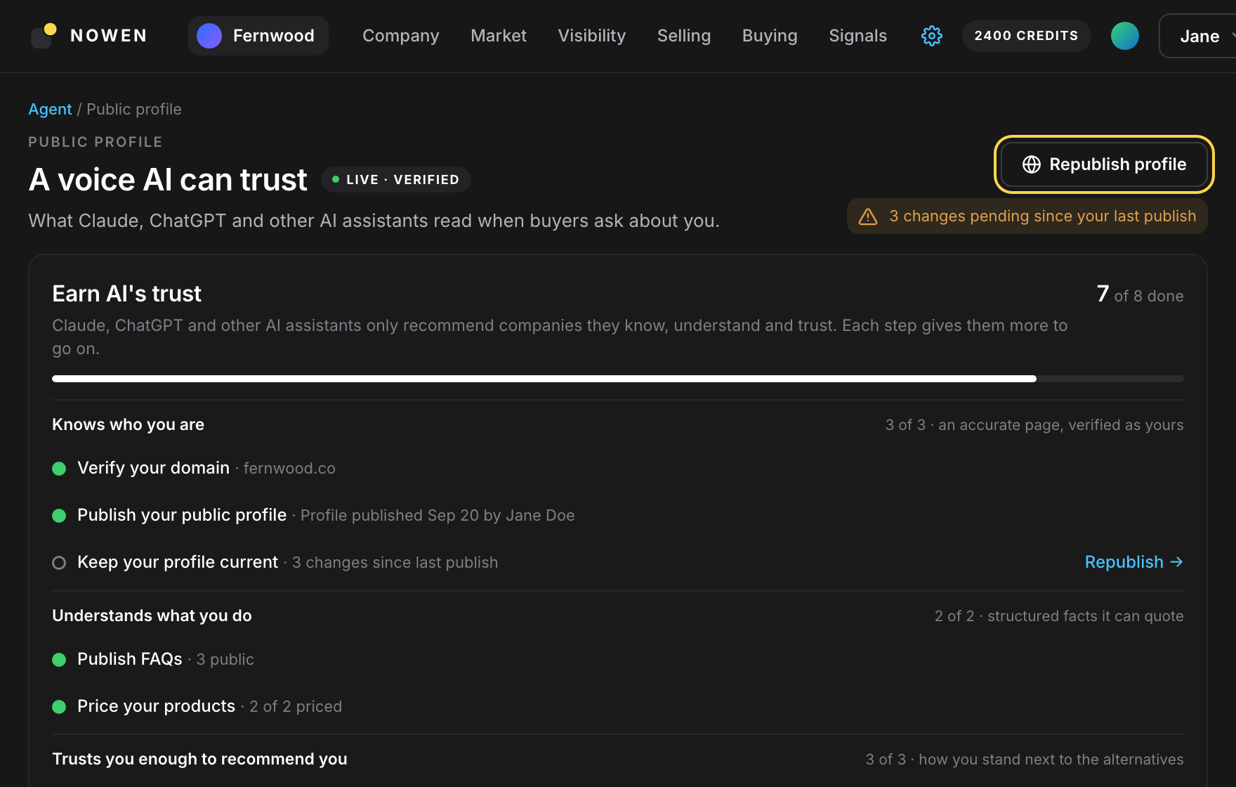The Public profile page marked Live, showing 3 changes pending since the last publish and the Republish profile button highlighted
