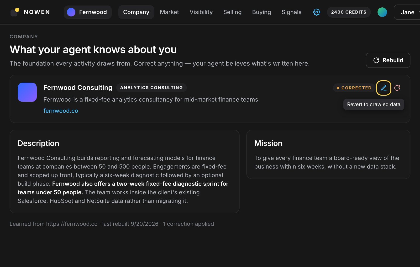 The Company page's organization card marked Corrected, with a pencil button to correct it and a revert button whose tooltip reads Revert to crawled data