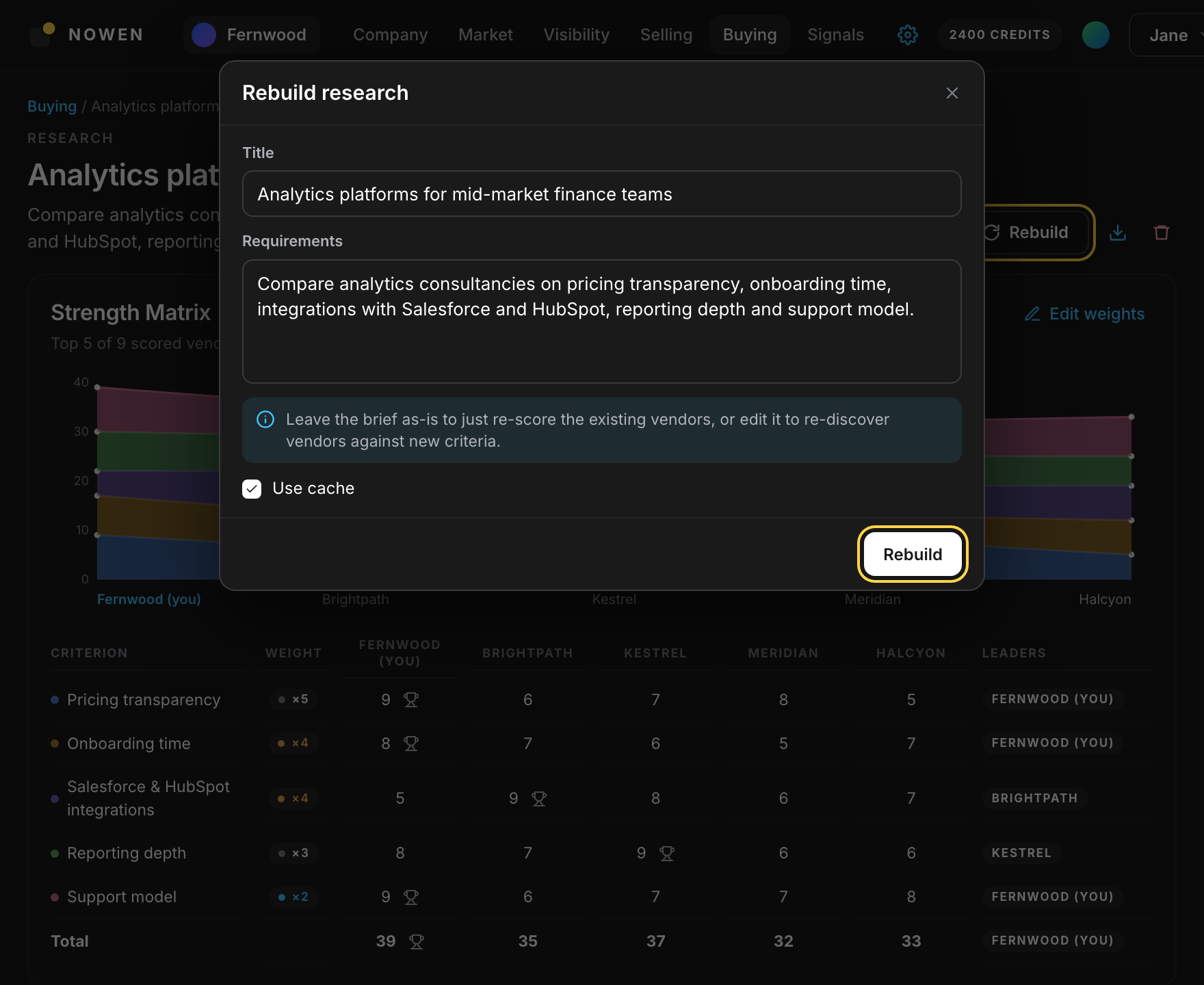 The Rebuild research dialog over a vendor research page, with the title and requirements brief, a note that an unchanged brief just re-scores the existing vendors, and a Use cache checkbox
