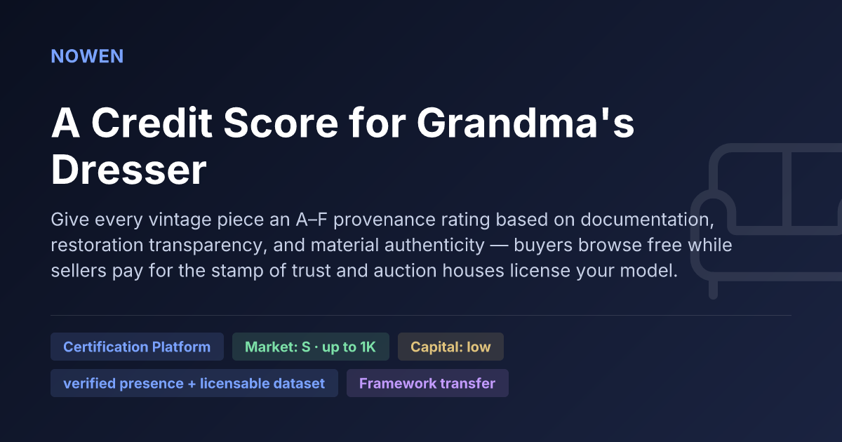 A Credit Score for Grandma's Dresser - illustrative business idea summary card