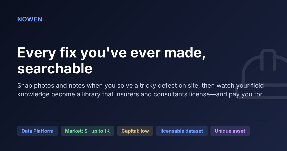 Every fix you've ever made, searchable - illustrative business idea summary card