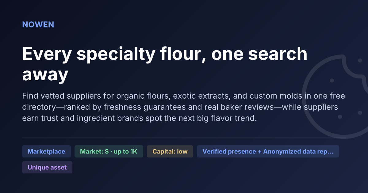 Every specialty flour, one search away - illustrative business idea summary card