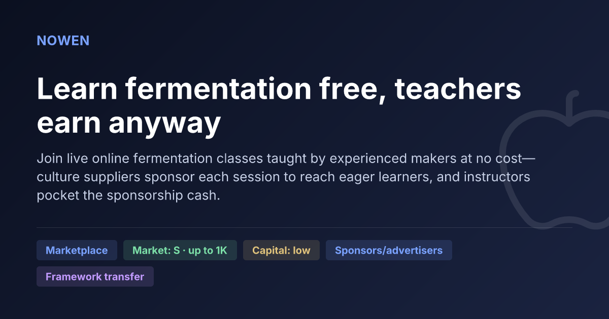 Learn fermentation free, teachers earn anyway - illustrative business idea summary card