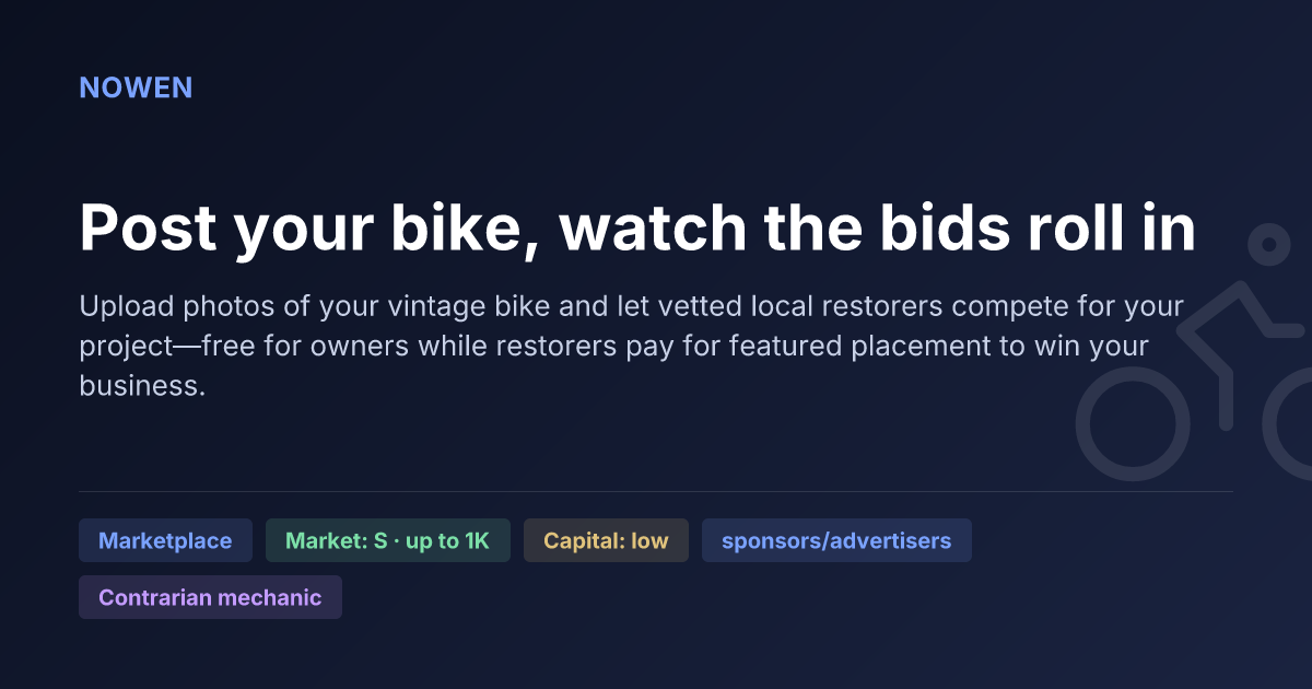 Post your bike, watch the bids roll in - illustrative business idea summary card