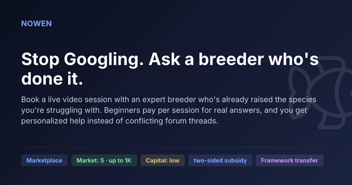 Stop Googling. Ask a breeder who's done it. - illustrative business idea summary card