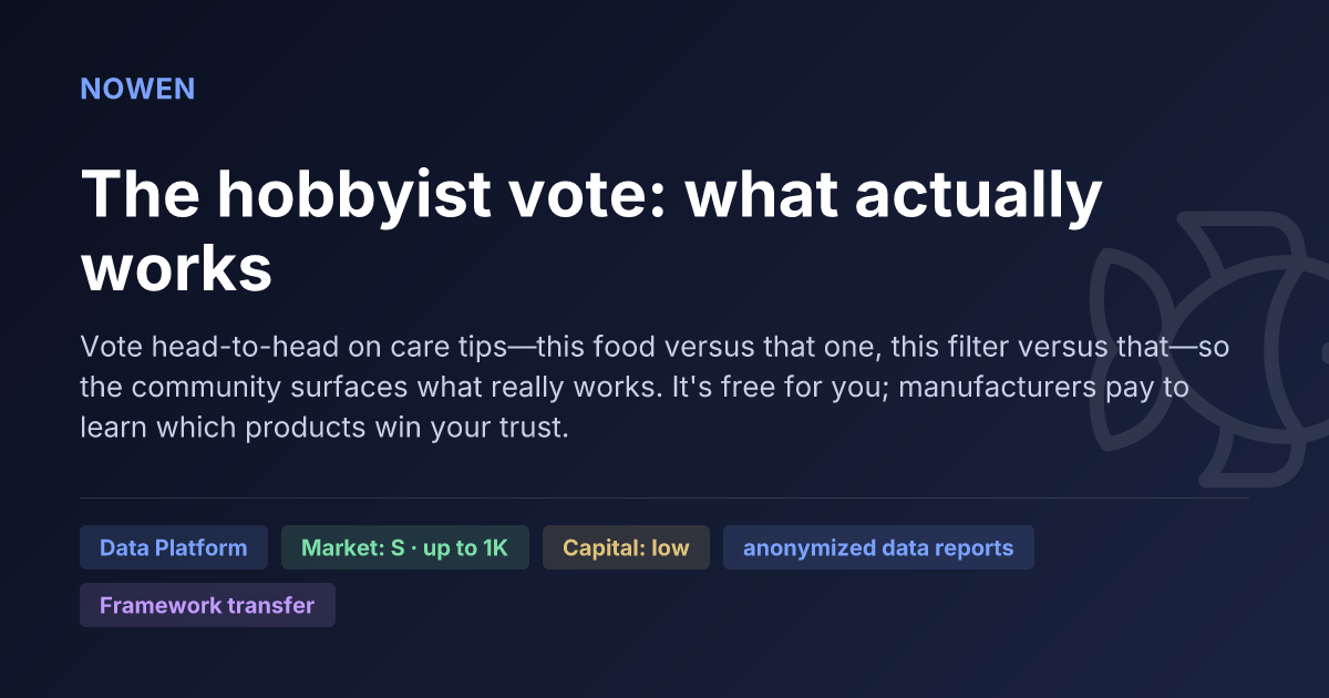 The hobbyist vote: what actually works - illustrative business idea summary card