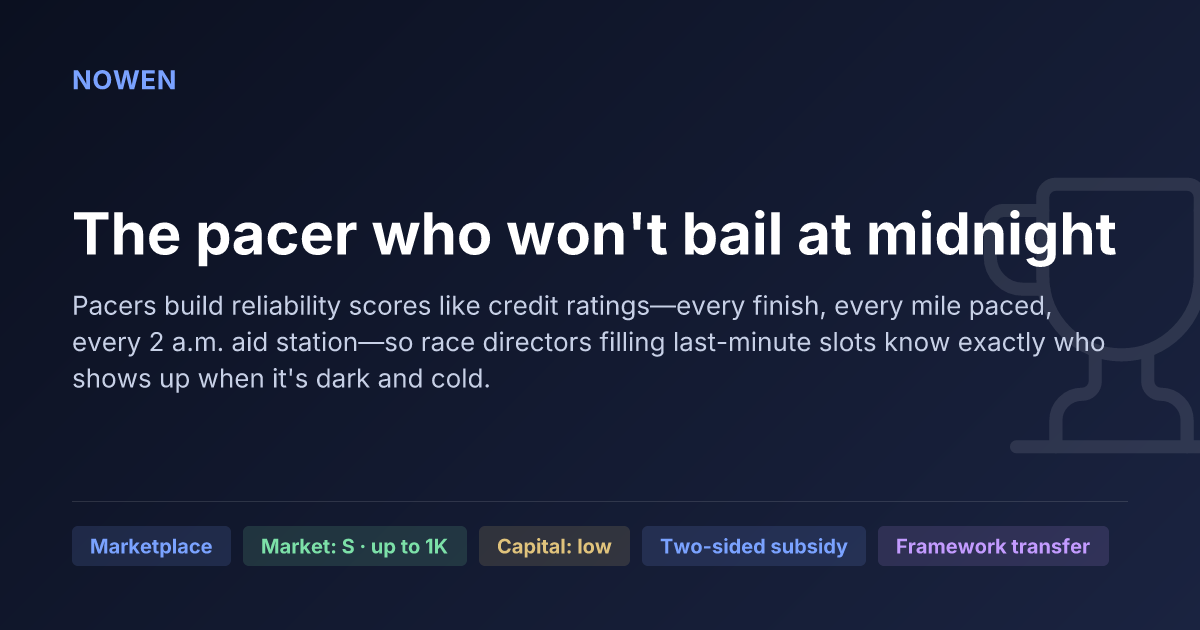 The pacer who won't bail at midnight - illustrative business idea summary card