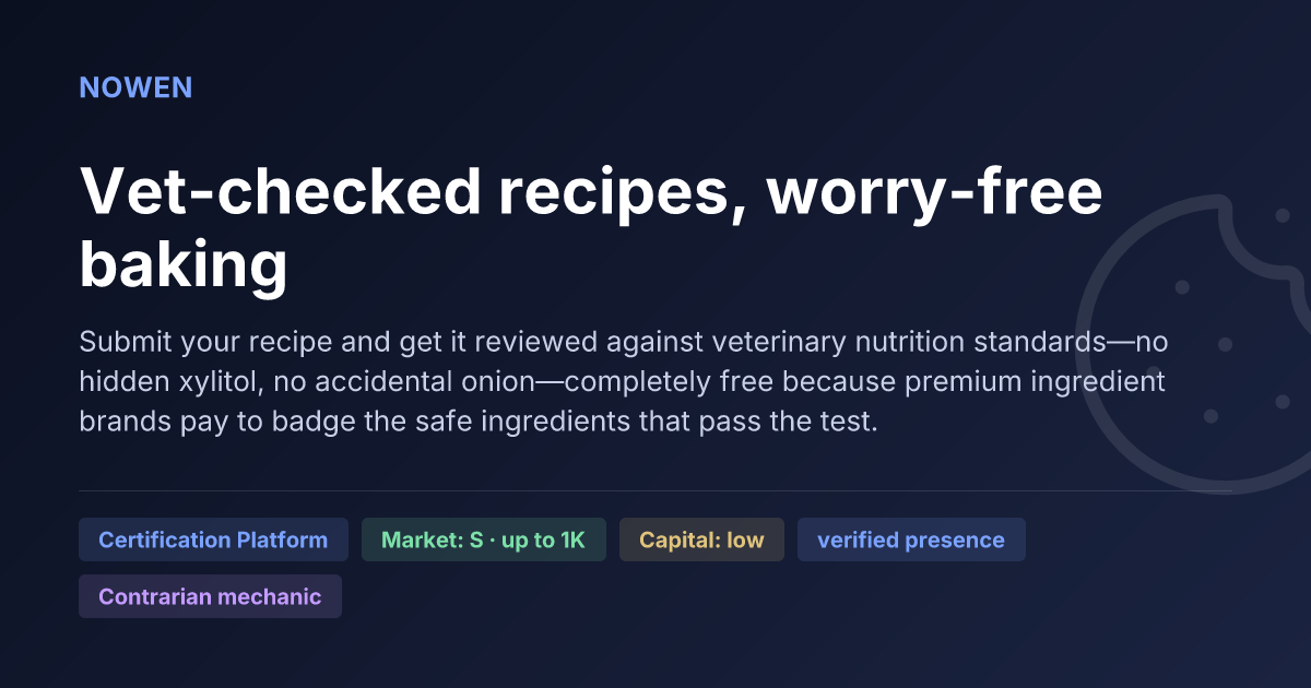 Vet-checked recipes, worry-free baking - illustrative business idea summary card