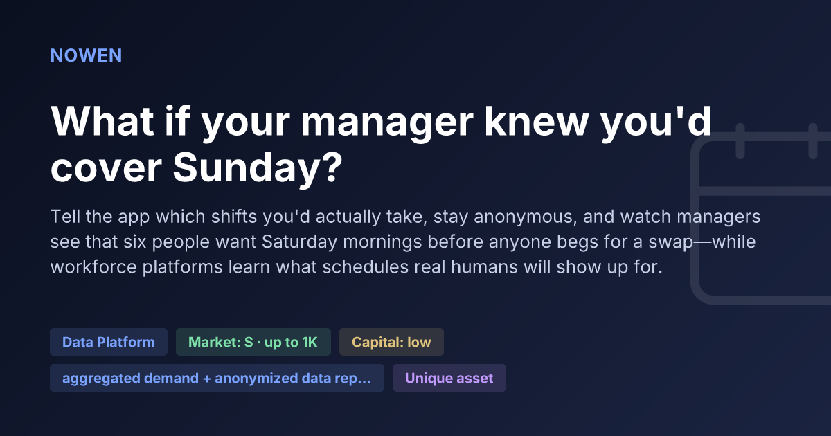 What if your manager knew you'd cover Sunday? - illustrative business idea summary card