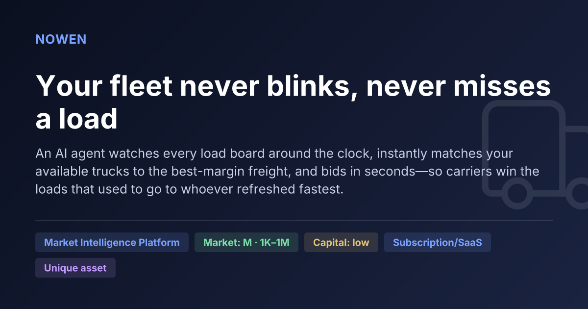 Your fleet never blinks, never misses a load - illustrative business idea summary card
